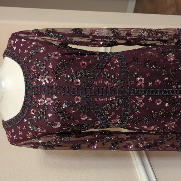 Adrianna Papell Maroon Floral Long Sleeve Dress - Picture 4 of 6